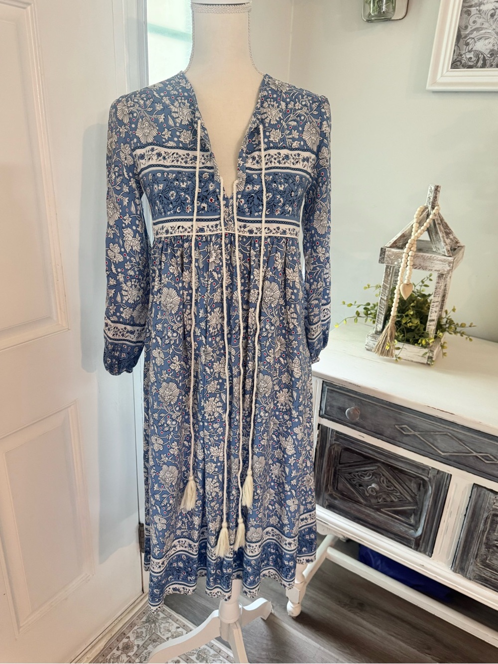 R. Vivimos Bohemian Blue Floral Tassel Midi Dress | Size Small - Picture 3 of 12
